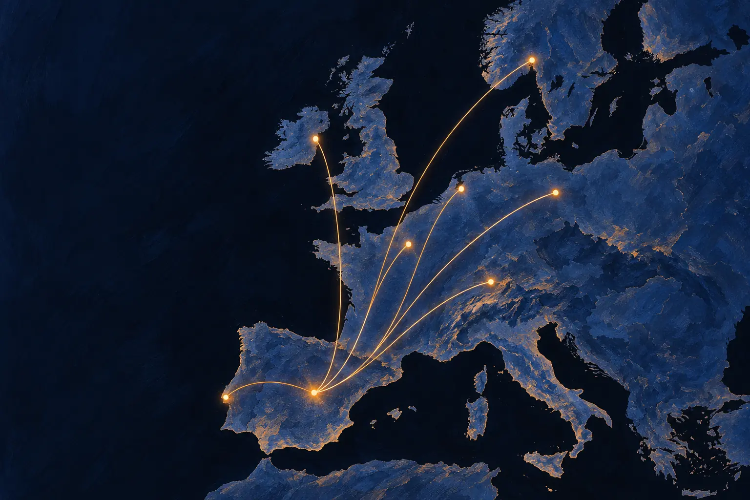 Mapa pintado de Europa de noche con rutas de luz que salen de Madrid hacia Lisboa, Dublín, París, Ámsterdam, Berlín, Zúrich y Oslo.