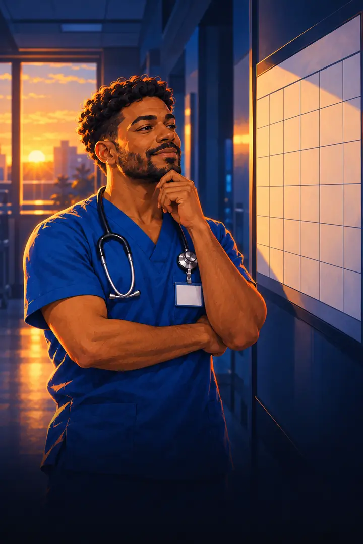 Samuel, enfermero, mira el calendario en un pasillo del hospital al amanecer.